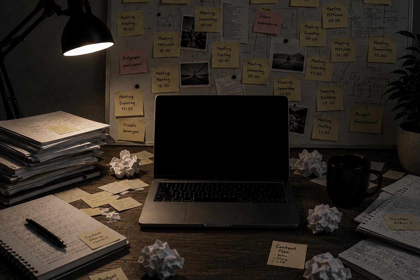 Unaufgeräumter, dunkler Arbeitsplatz voller Sticky Notes ohne klaren Plan